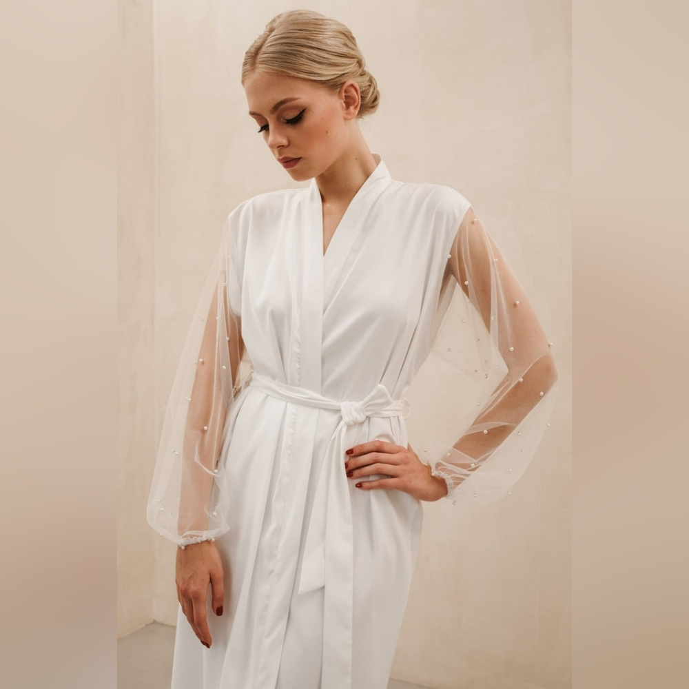Elegant White Bridal Robe with Sheer Pearl-Embellished Sleeves